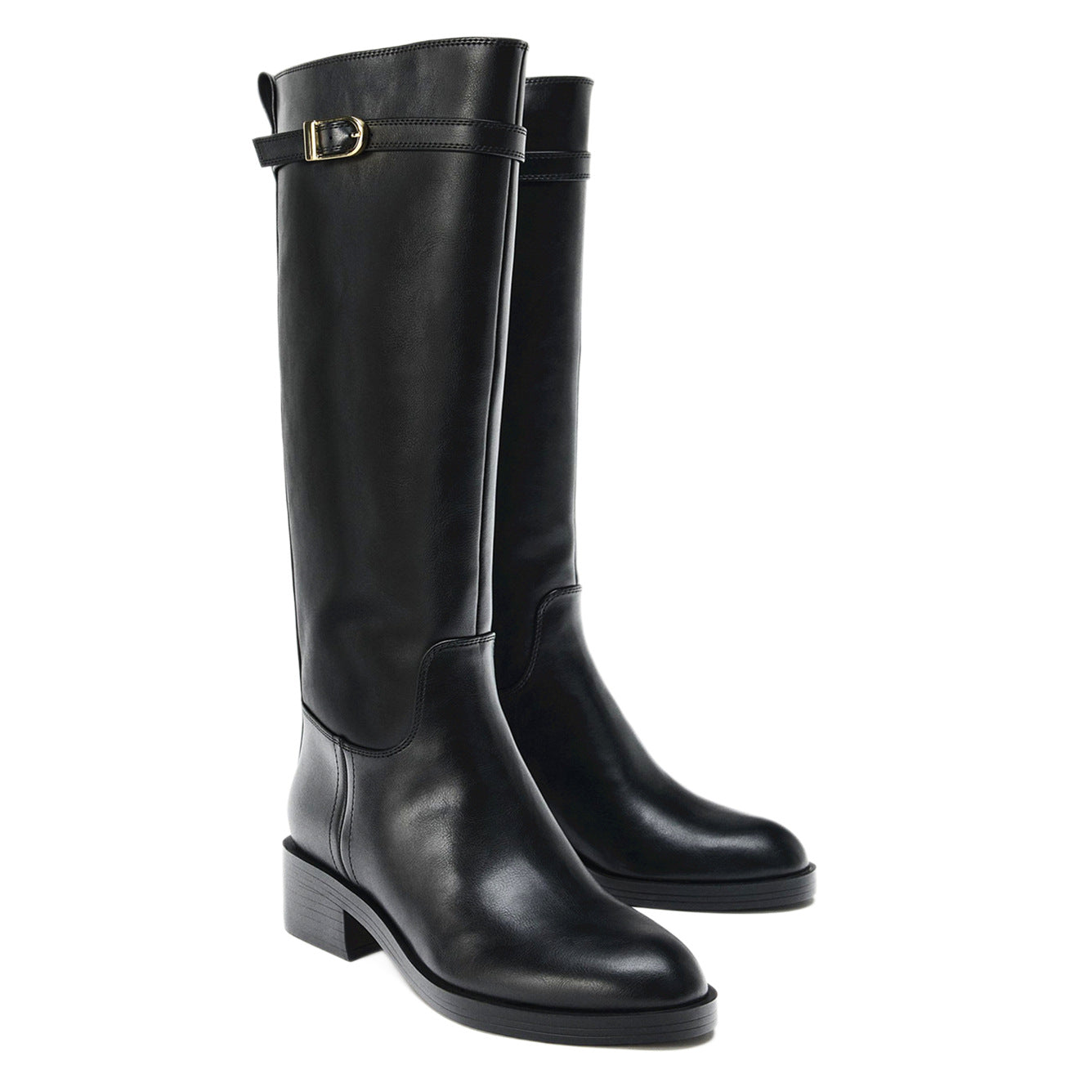 Women's Cowhide Knight Chunky Round Toe Buckle Women's Leather Boots