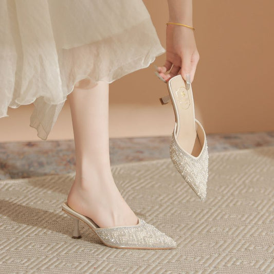 Women's Toe Cap Semi Summer Fashion Pearl Heels