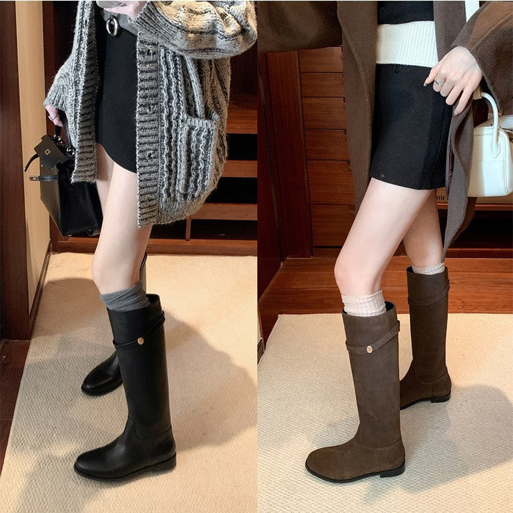 Su Korean Drama Female Owner Genuine Small Golden Button Thigh Women's Leather Boots