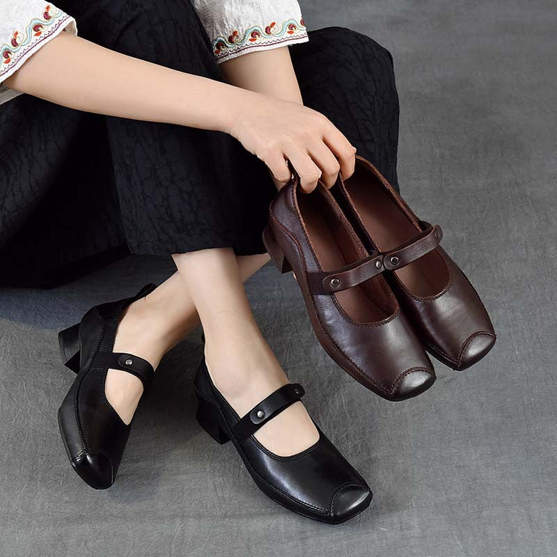 Women's Mary Jane With One Strap First Layer Cowhide Low-cut Vintage Women's Casual Shoes