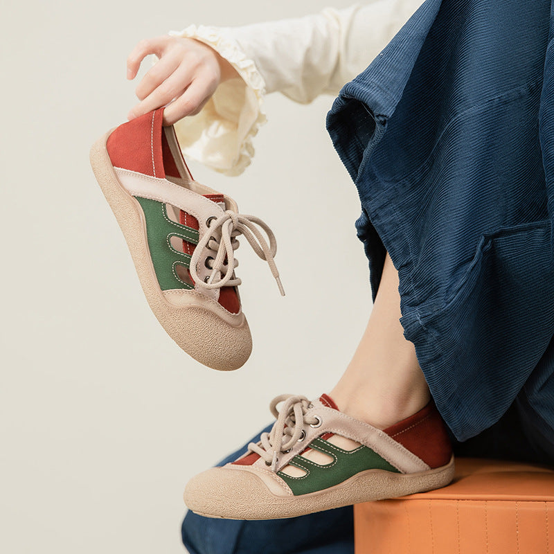 Women's Artistic Retro First Layer Cowhide Hollow Front Commuter Color Matching Women's Casual Shoes