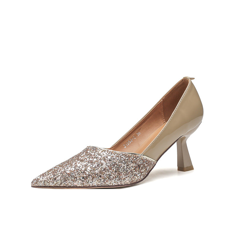 Women's Banquet Dress Sequined Stiletto Patent Nude Single-layer French Wedding Heels