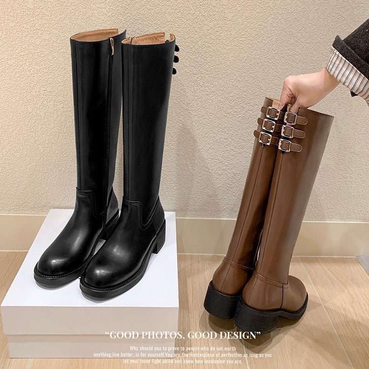 Version French Chunky Belt Buckle Side Zipper Slimming Straight Female Women's Leather Boots