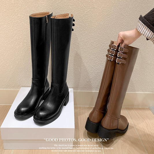 Version French Chunky Belt Buckle Side Zipper Slimming Straight Female Women's Leather Boots