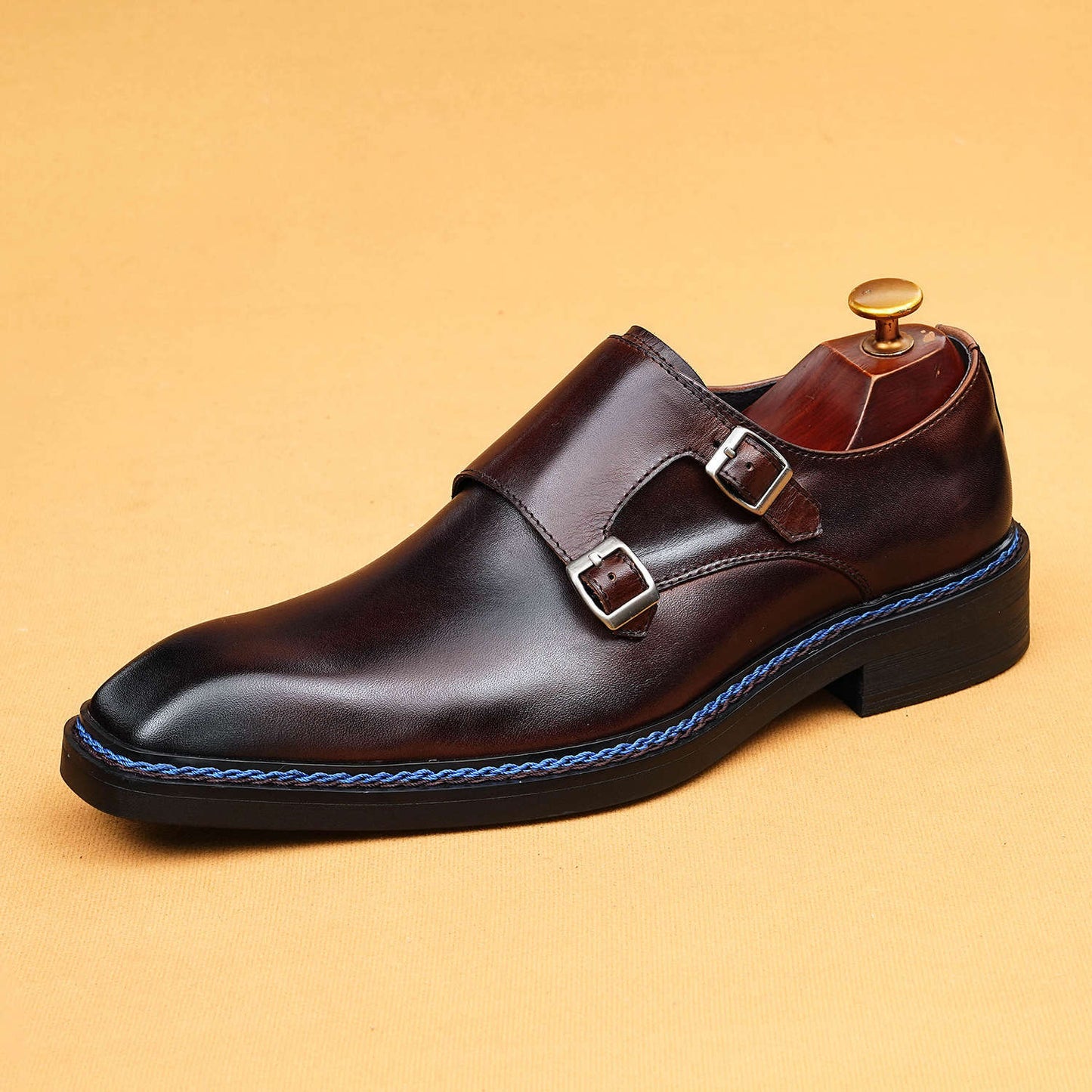 Men's Square Toe Genuine Formal Wear Norwegian Seam Buckle Men's Business Leather Shoes