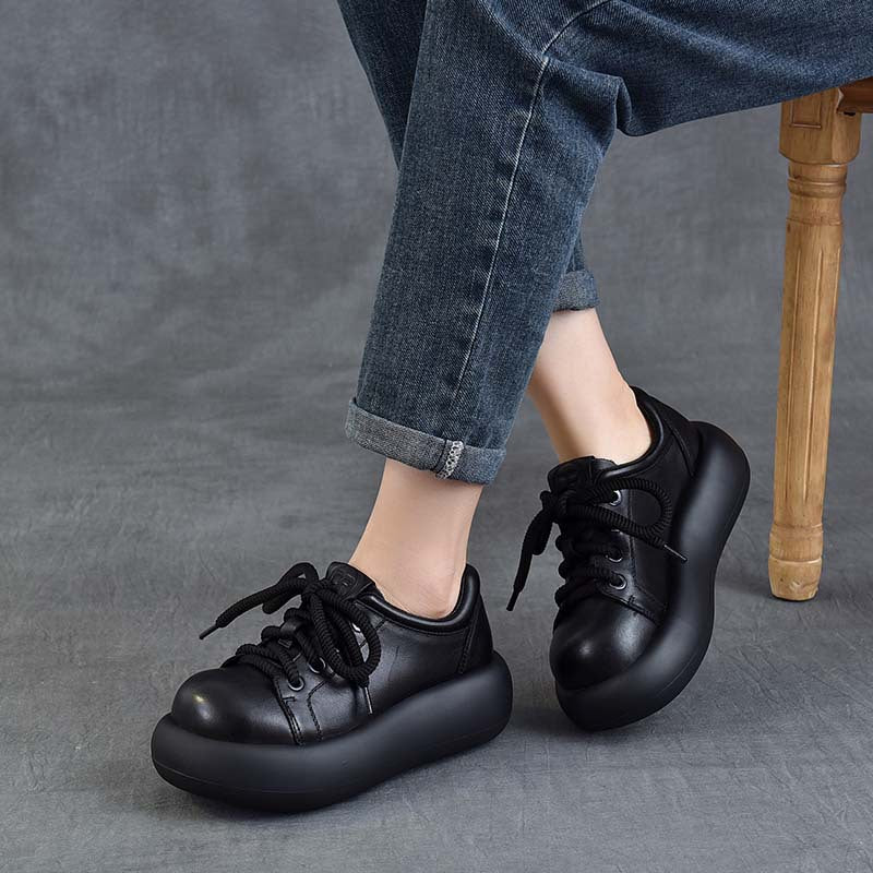 Women's Platform High Pumps First Layer Cowhide Retro Women's Casual Shoes