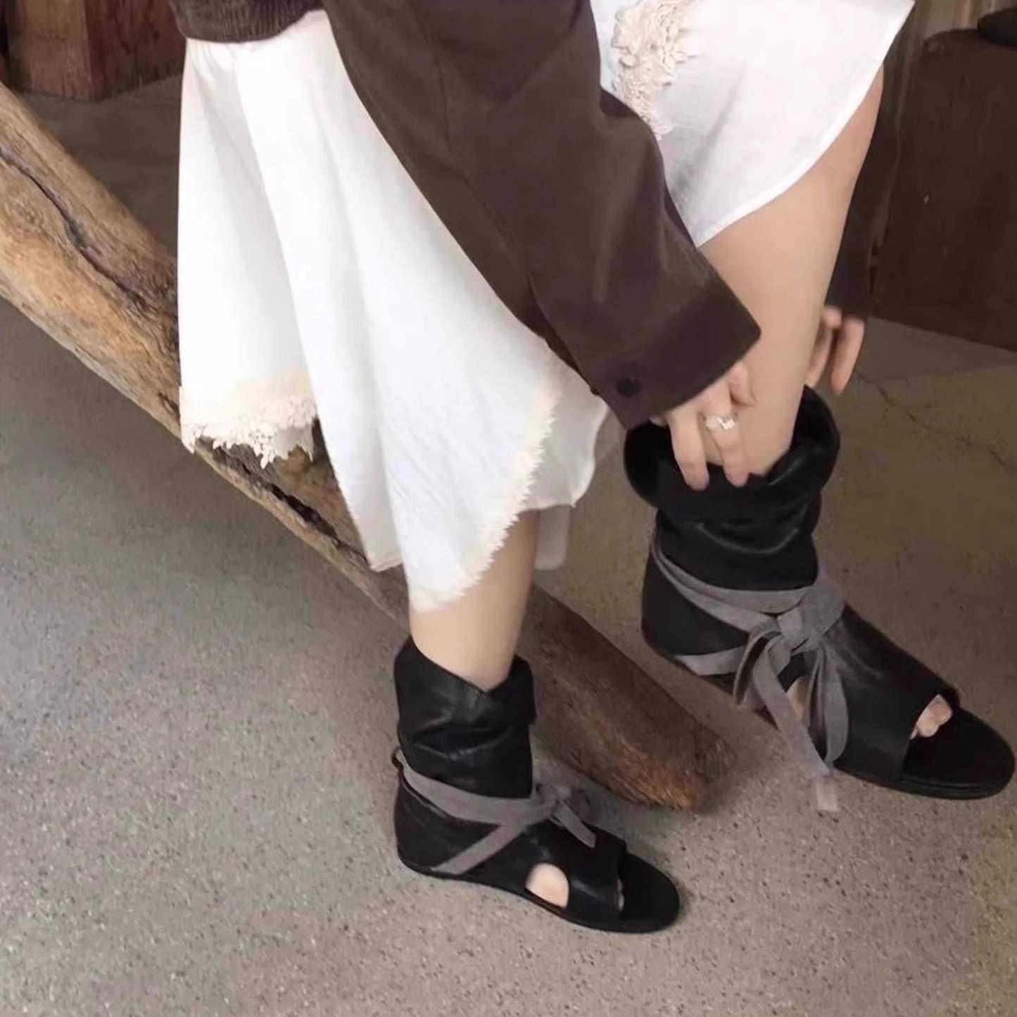 Style Niche Authentic Low Female Summer Peep Toe Women's Leather Boots