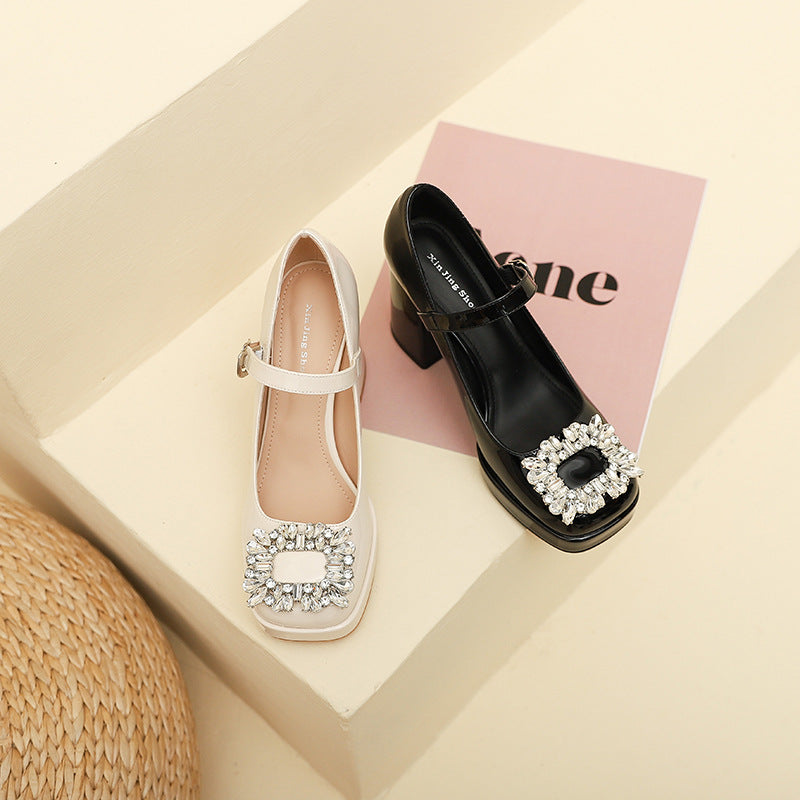 Women's Square Toe High Summer Buckle Rhinestone Chunky Women's Fashion Shoes