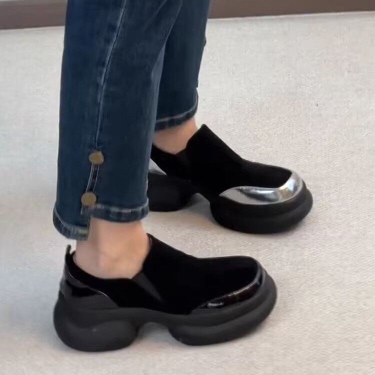 Women's Retro Platform Frosted Slip-on Color Matching Round Head Women's Fashion Shoes