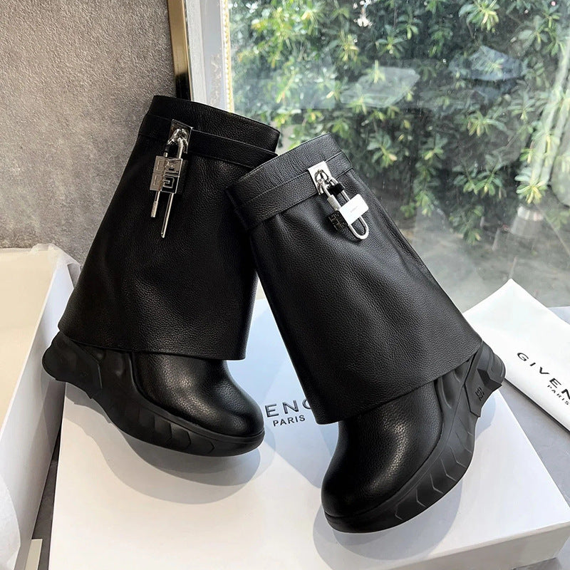 Women's Metal Lock Catch Thick Bottom Bootie Height Increasing Pants Boots