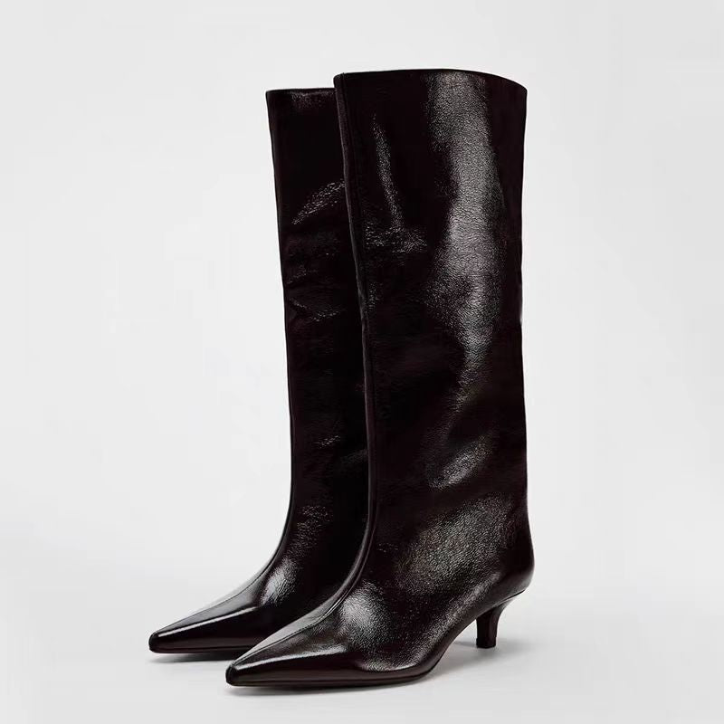British Style Pointed Toe Below The Knee Large Circumference Women's Leather Boots