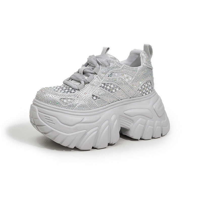 Women's Rhinestone Dad Summer Hollow Mesh Surface Versatile Thick Bottom Height Men's Shoes