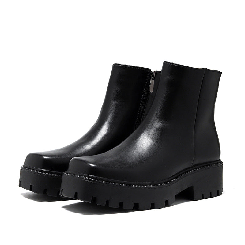 Niche Square Toe Chunky Platform Side Zipper Chelsea Boots