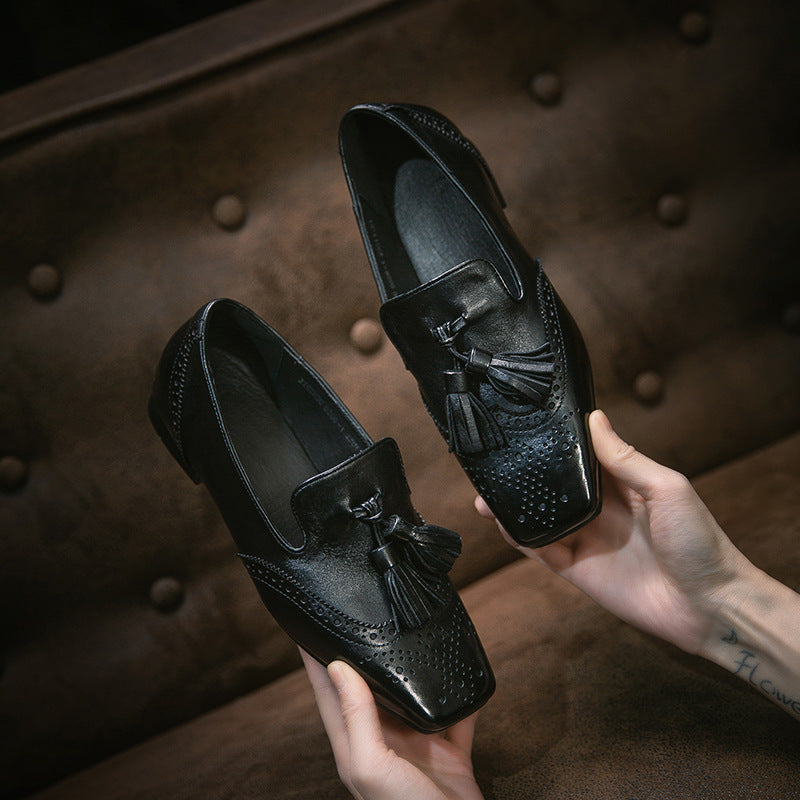 Women's Square Head Light Luxury First Layer Cowhide Tassel Slip-on Pumps Women's Casual Shoes