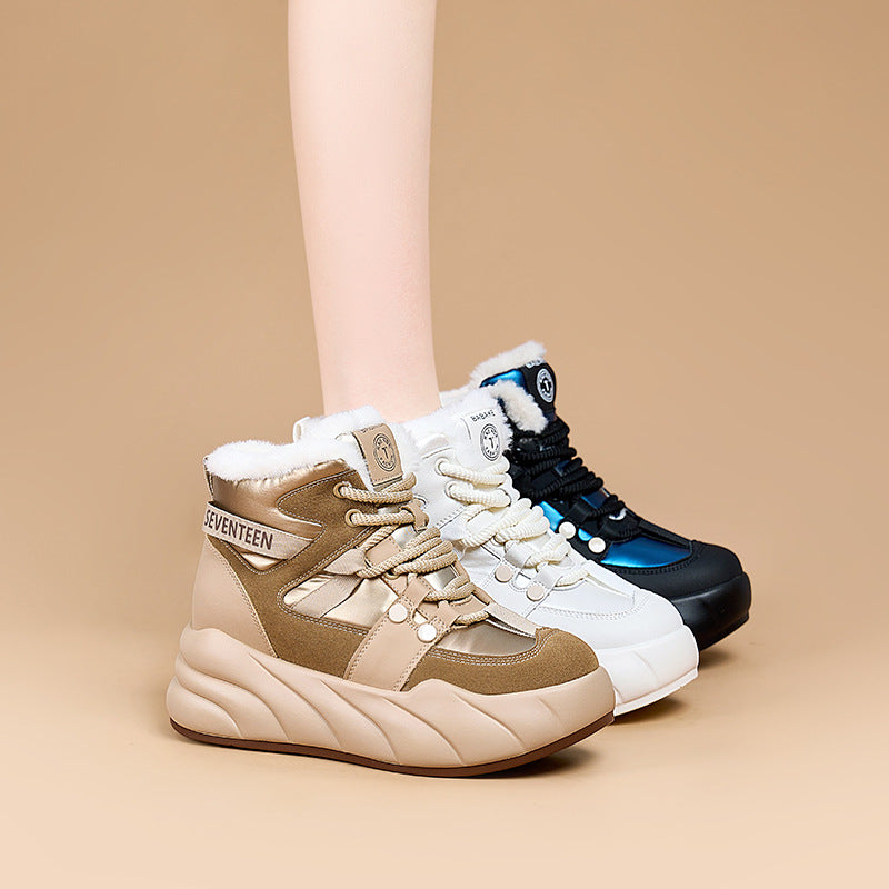 Women's Rabbit Fur Integrated Winter Fleece-lined Warm Snow Boots