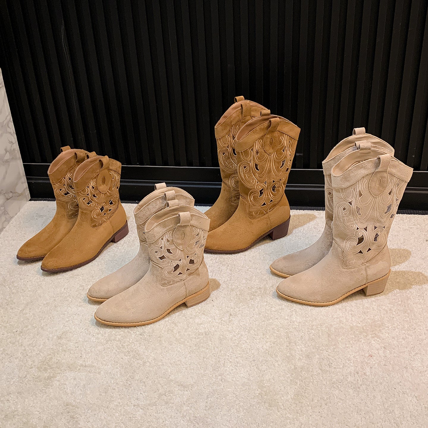 Cowhide Version Hot Hollowed Embroidery Chunky Knee-high Heels