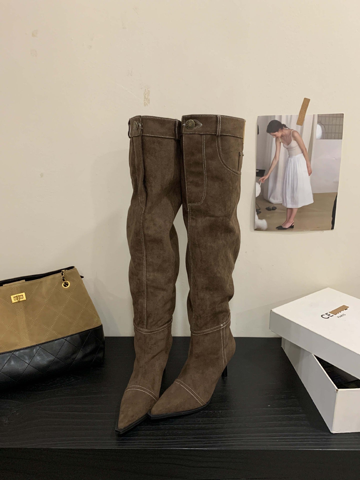Denim Pile Style Stiletto Button Sleeve Women's Leather Boots