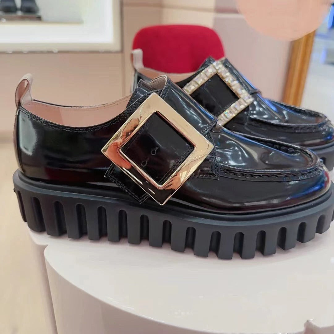 Women's British Style Rhinestone Square Buckle Platform Loafers