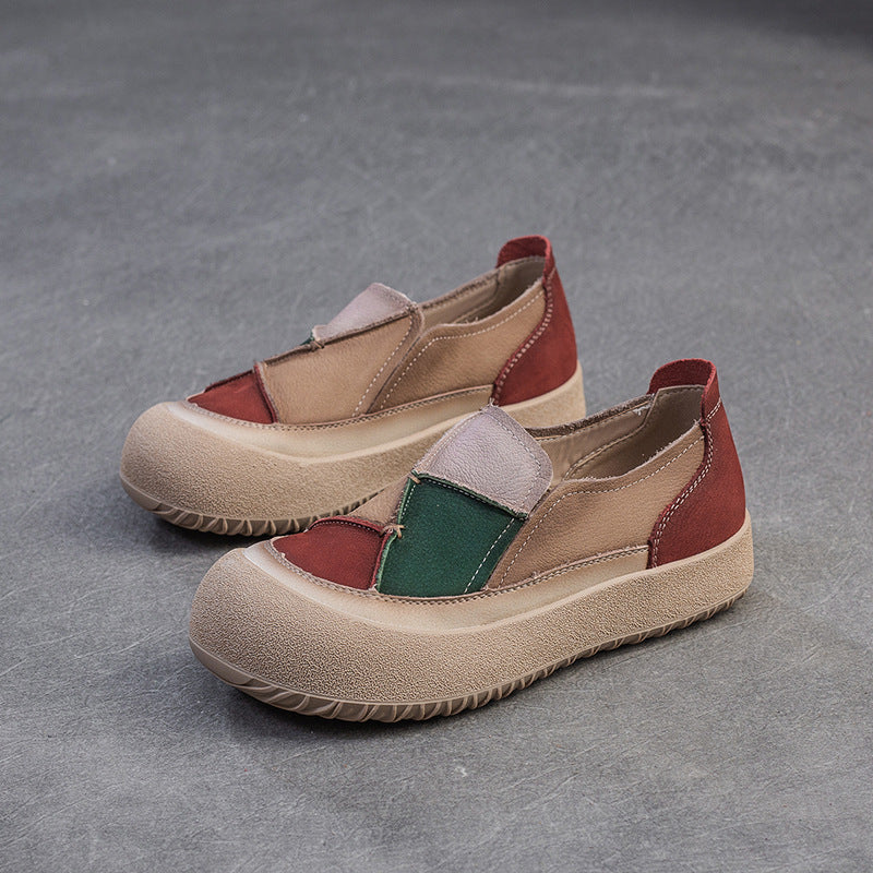 Women's Matching Patch Top Layer Cowhide Comfortable Men's Shoes