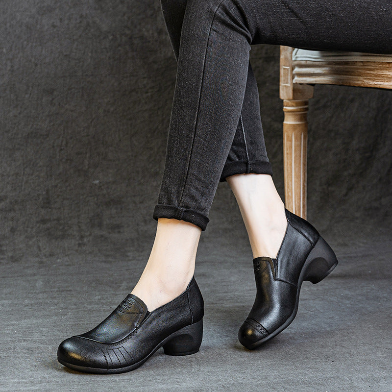 Women's Autumn Mid Top Layer Cowhide Slip-on Fashion Simple Deep Mouth Women's Casual Shoes