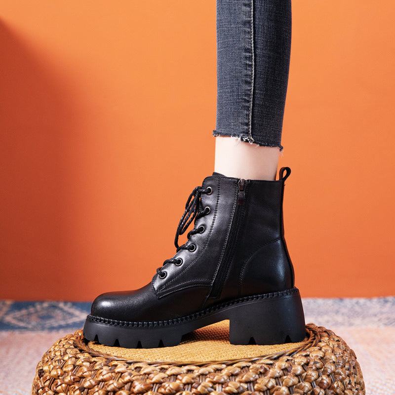 Women's Cowhide Autumn Flat Ankle Retro Round Toe Martin Boots