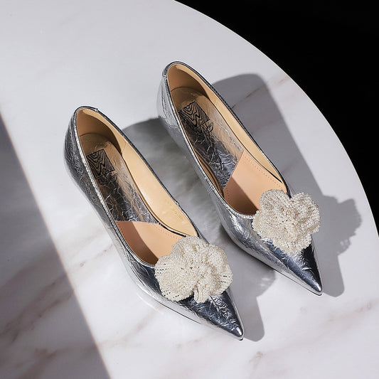 Women's Style Low-cut Pearl Flower Bow Tie Wedding Wedge Heels