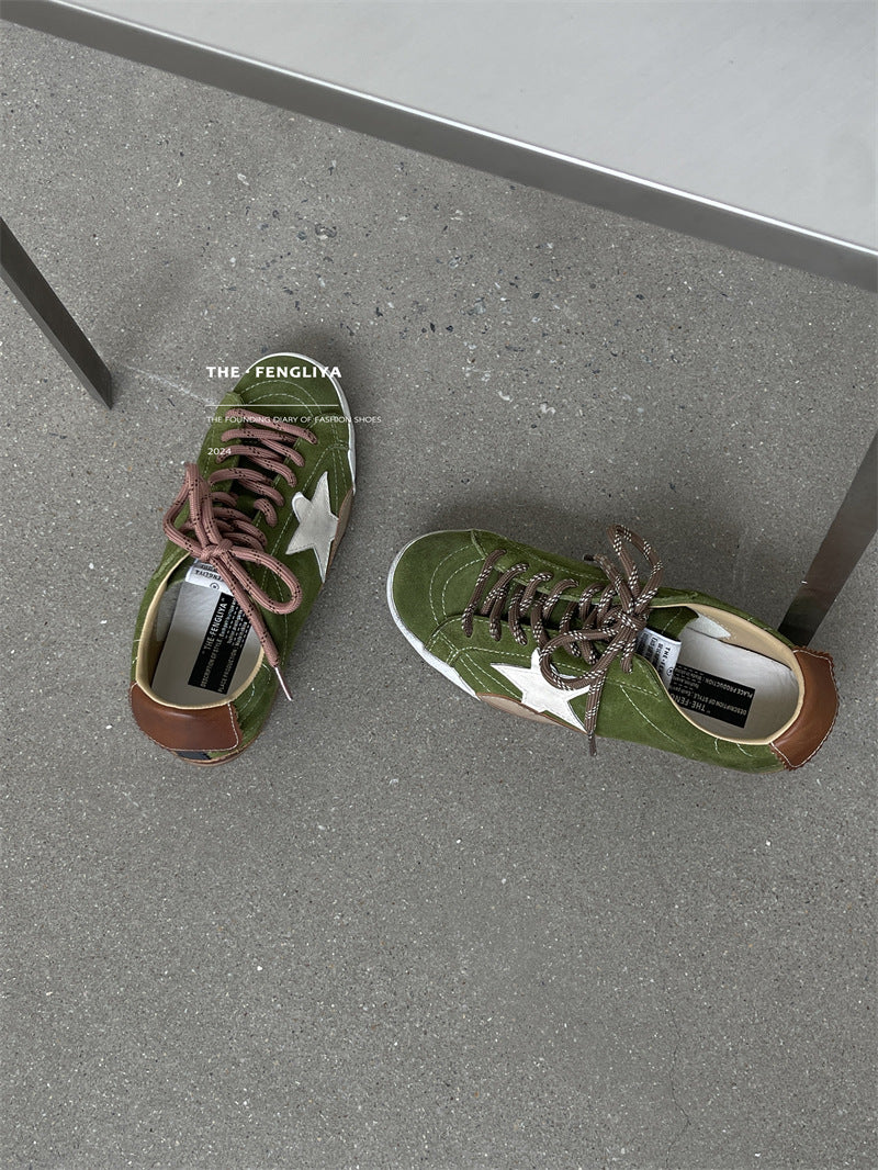 Women's Cowhide Retro Star Pattern Not Tired Feet Lace Women's Casual Shoes