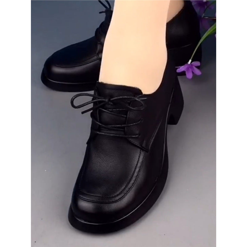 Women's British Style Small Chunky Platform Pumps Lace Up Round Toe Heels