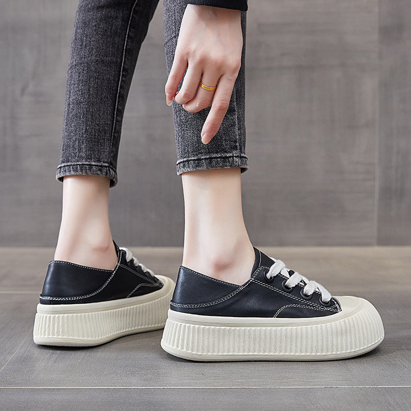 Women's White Trendy Lace Up Cowhide Platform Sneakers
