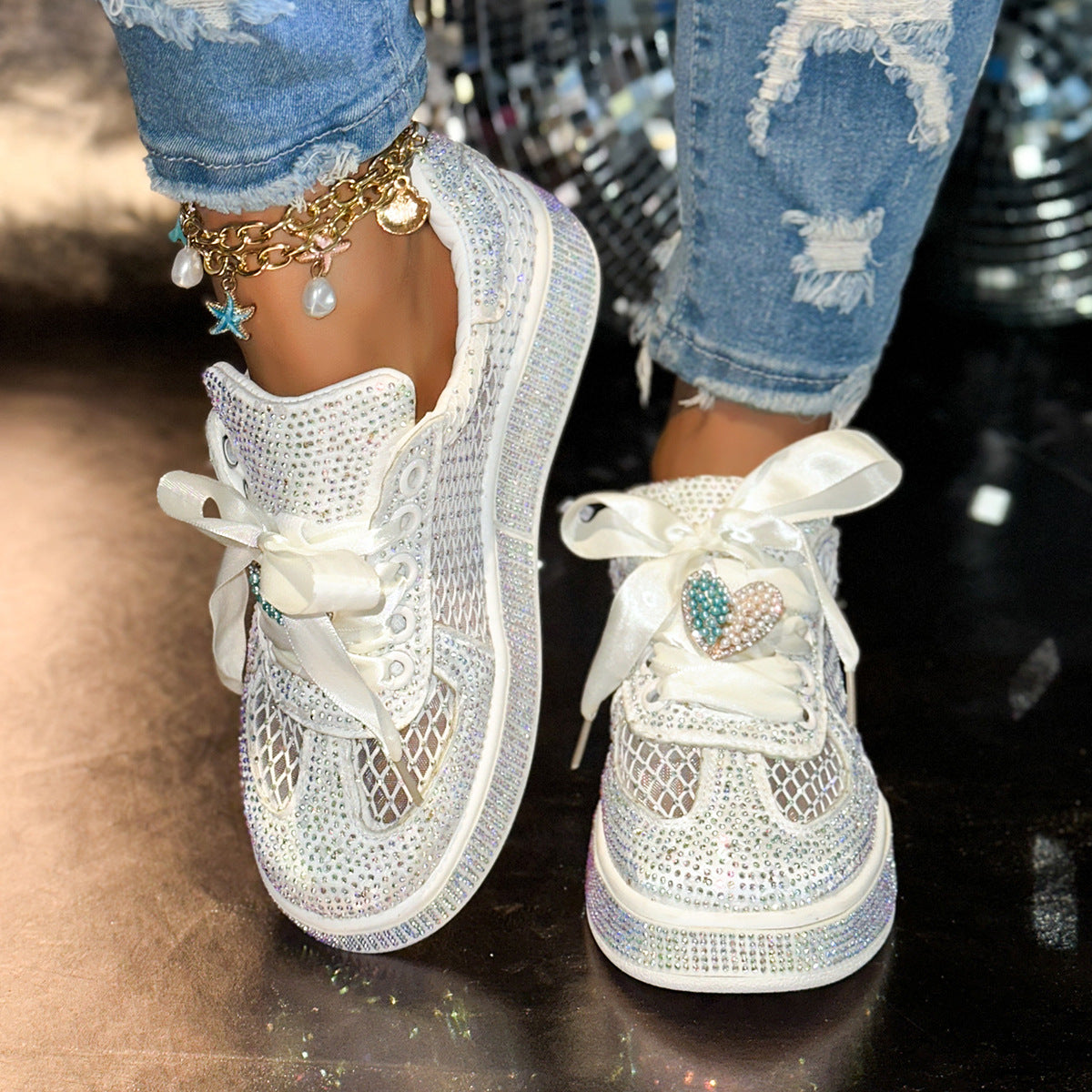 Women's Rhinestone Fashion Lace Up Platform Board Women's Sports Shoes