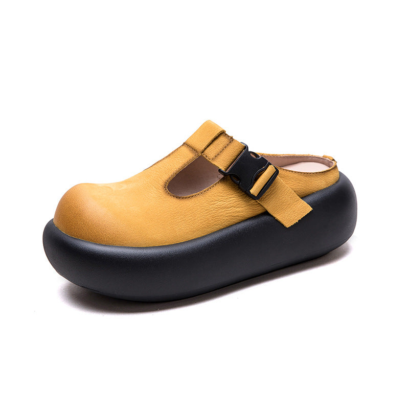Women's First Layer Cowhide Closed Toe Light Luxury Minority Thick-soles Slippers