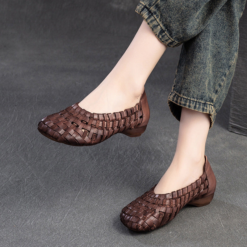 Women's First Layer Cowhide Slip-on Hand-woven Breathable Bottom Men's Shoes
