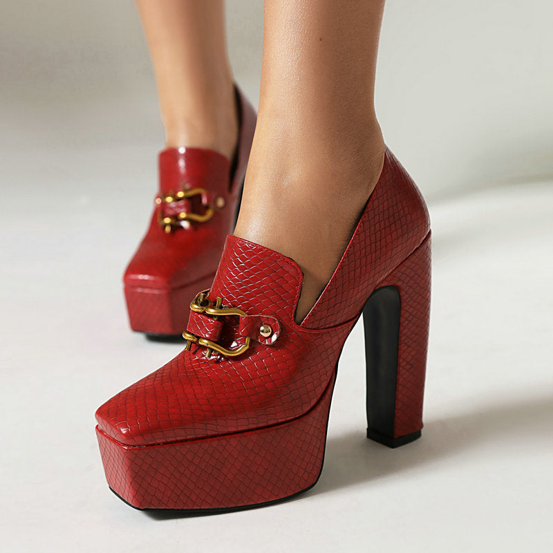 Women's Snake Pattern Square Toe Platform Thick Super Waterproof Metal Fastener Women's Fashion Shoes