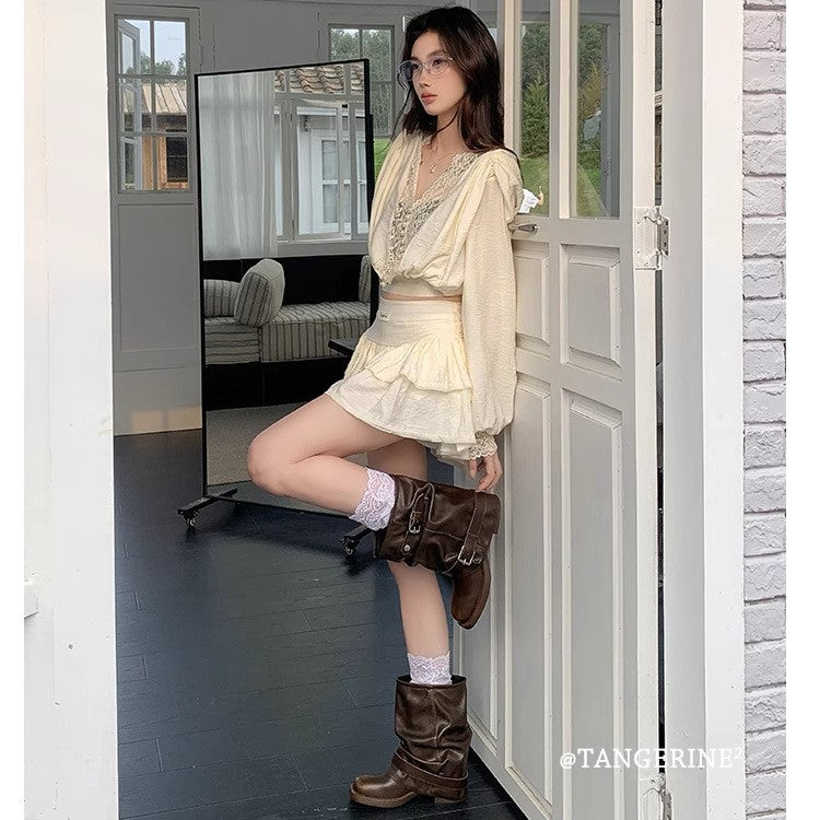 Women's Pants Black Color Pleats Western Cowboy Round Head Chunky Belt Women's Leather Boots