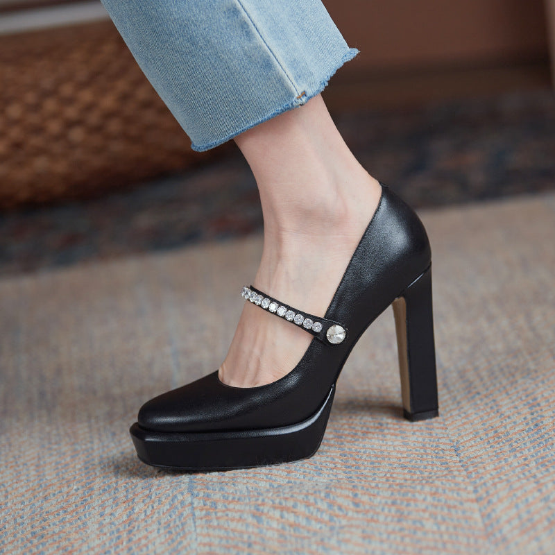 Women's Spring Rhinestone Thick Super Low-cut Waterproof Platform Pumps Mary Heels