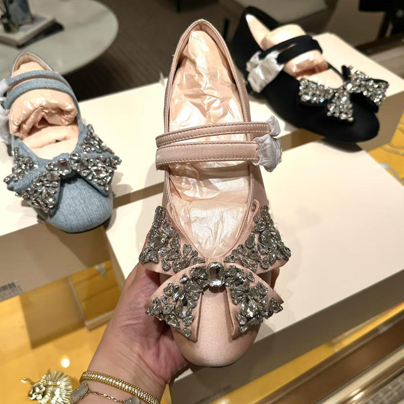 Women's Hidden Dress Flat Denim Rhinestone Strap Shallow Mouth Mary Women's Fashion Shoes