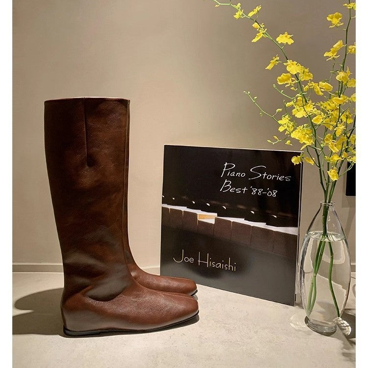 Mom Height Increasing Insole Flat Soft Skinny Long Women's Leather Boots