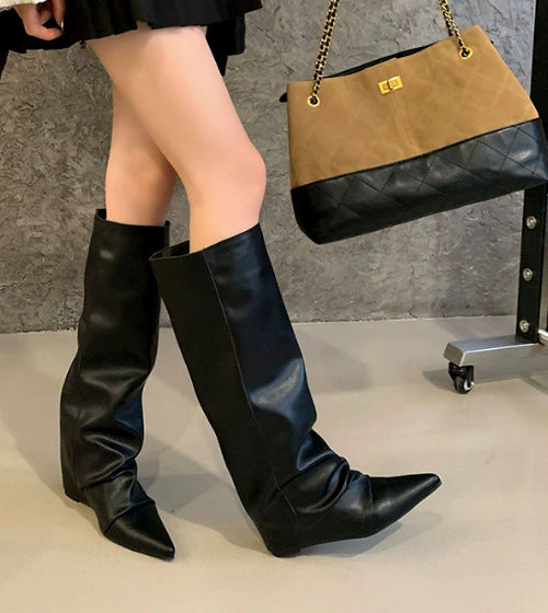 Minority Design Pointed Toe Height Increasing Insole Straight Female Slimming Boots