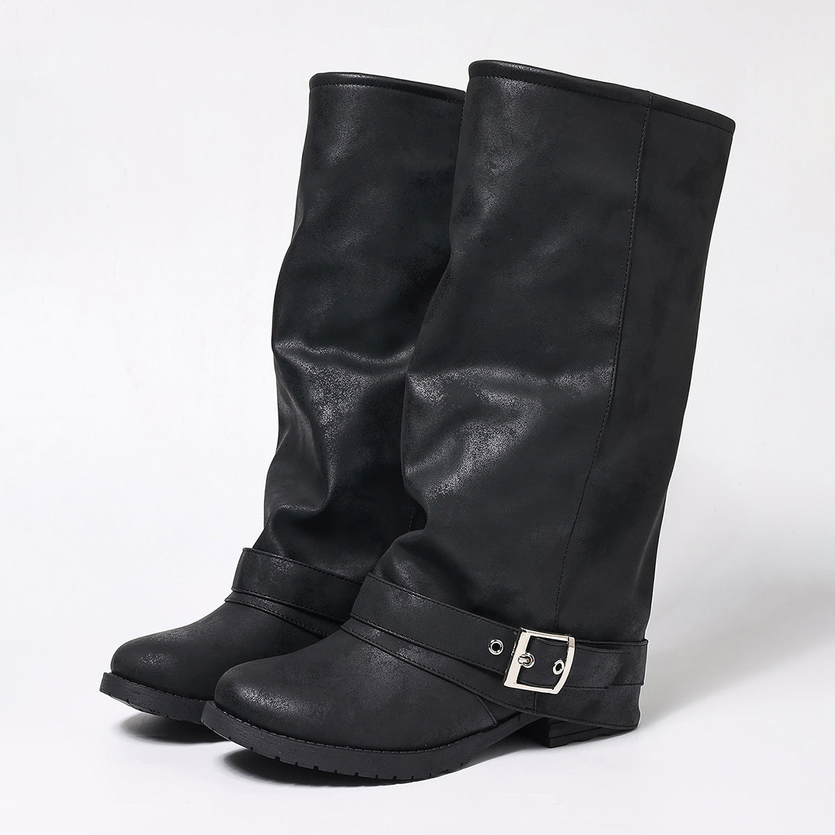 Women's Ankle Female Slip-on Round Head Knight Knee-high Belt Buckle Western Women's Leather Boots