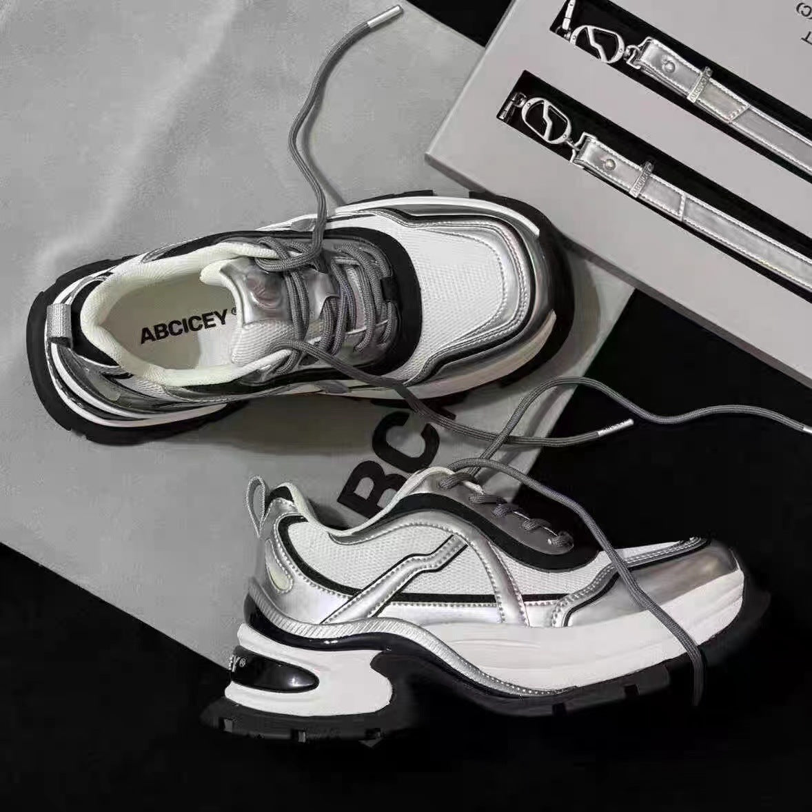 Women's Cowhide Sier Breathable Platform Height Increasing Sneakers