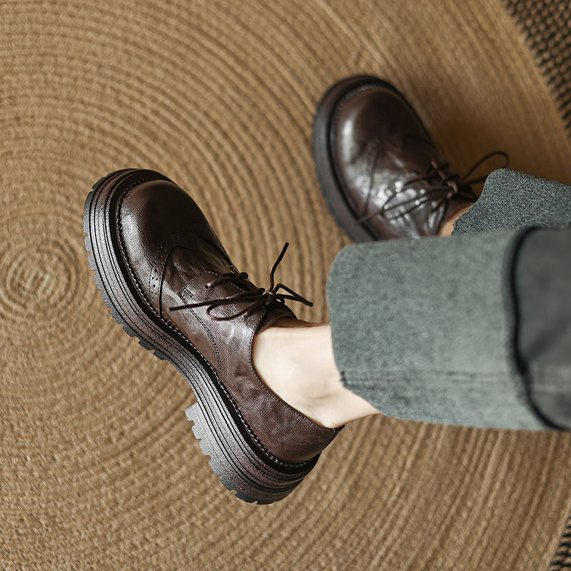 Women's Sheepskin Platform Carved Spring British Retro Leather Shoes