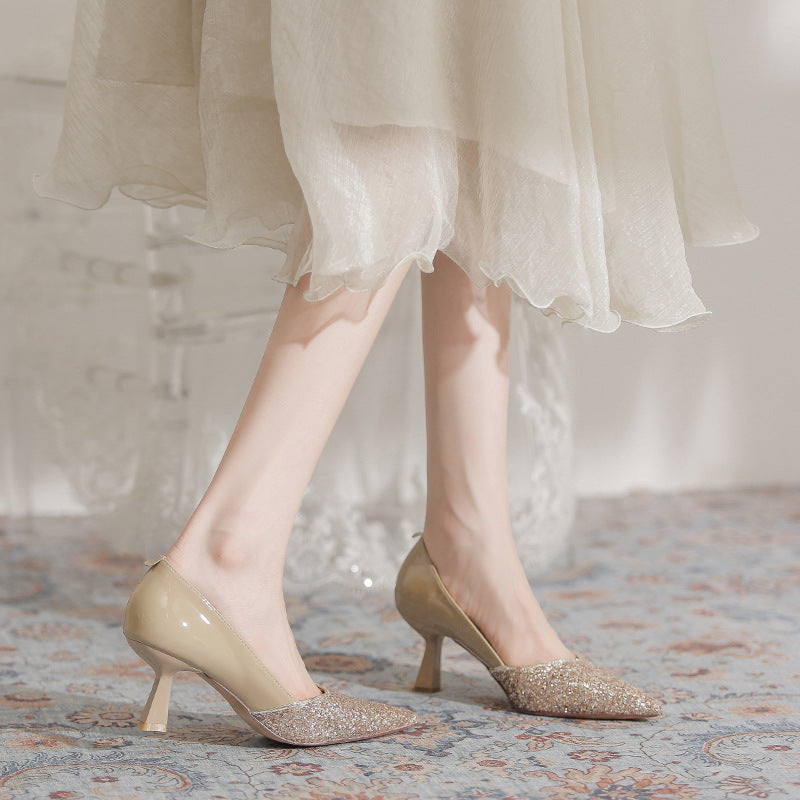 Women's Banquet Dress Sequined Stiletto Patent Nude Single-layer French Wedding Heels