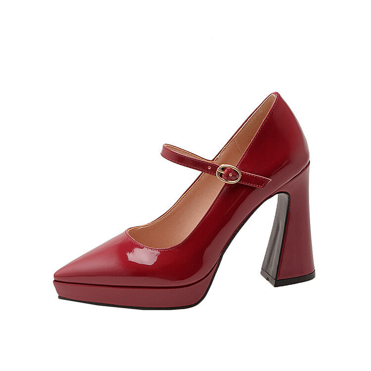 Women's British Shallow Mouth Strap Pointed Toe Pumps Platform Chunky Men's Shoes