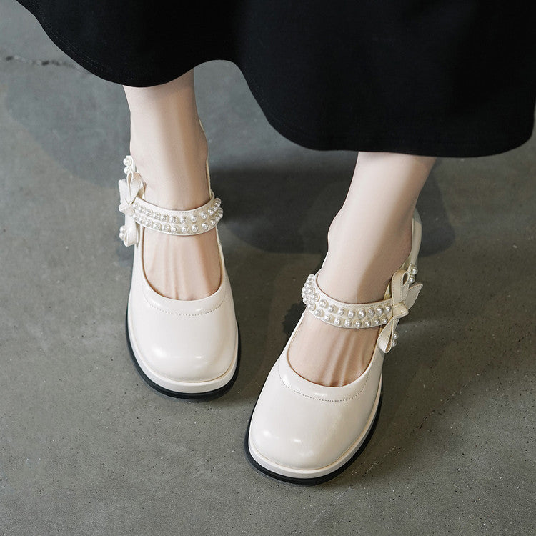 Women's Spring Pearl Strap Mary Jane High Pumps Waterproof Platform Round Women's Fashion Shoes
