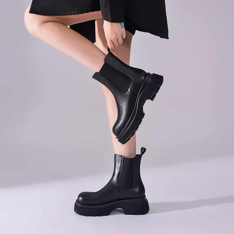 Women's Chunky Thick Bottom Single Chelsea Black Smoke Pipe Boots