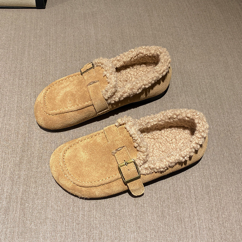 Women's Winter Fleece-lined Outer Wear Fluffy Slip-on Big Head Soft Women's Cotton Shoes