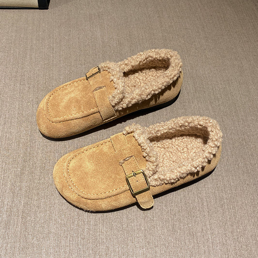Women's Winter Fleece-lined Outer Wear Fluffy Slip-on Big Head Soft Women's Cotton Shoes