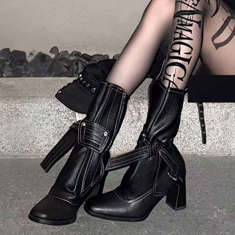 Women's Short French Fashion High Chunky Simple Retro Minority Women's Leather Boots