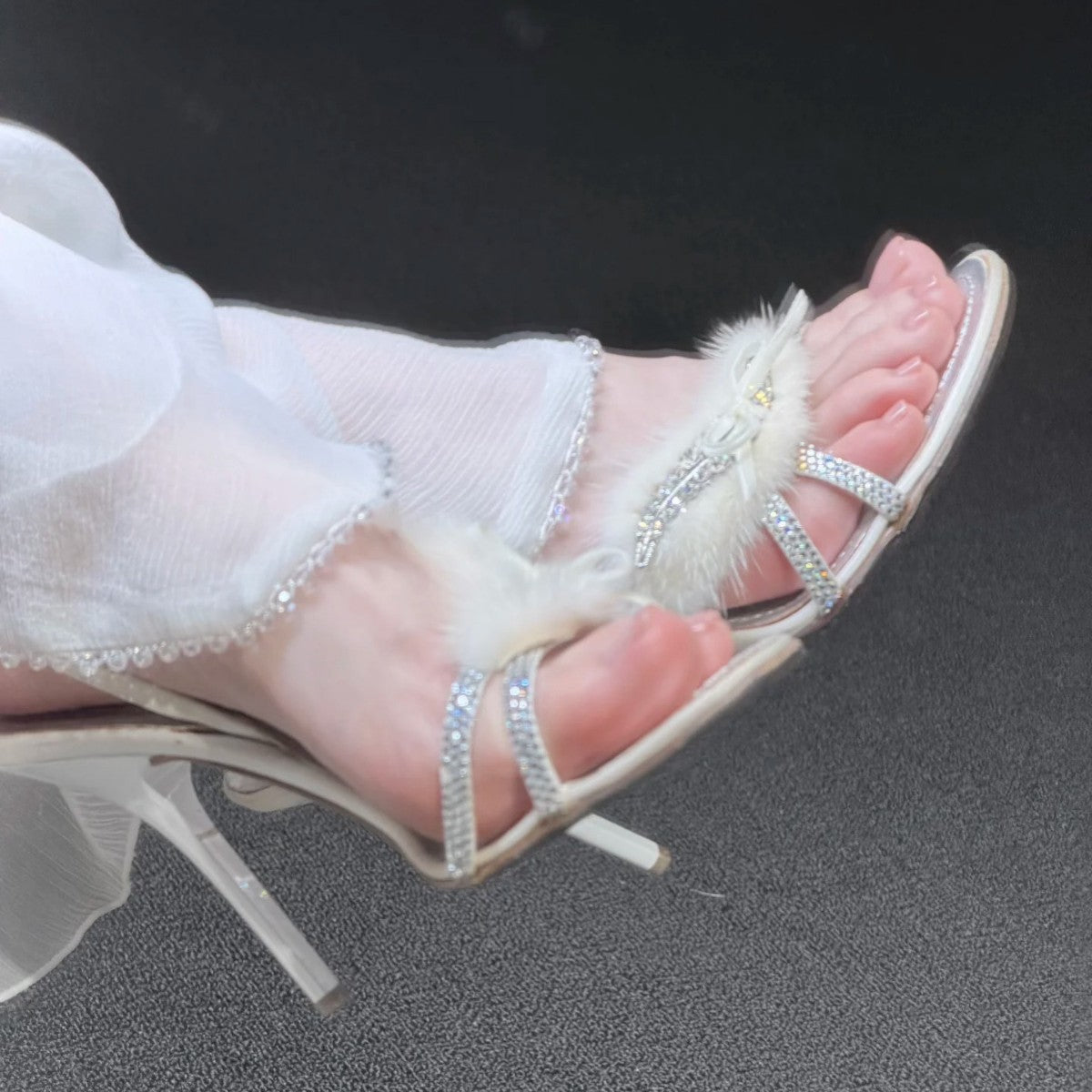 Women's Backstrap Fur Summer Rhinestone Open Toe Heels