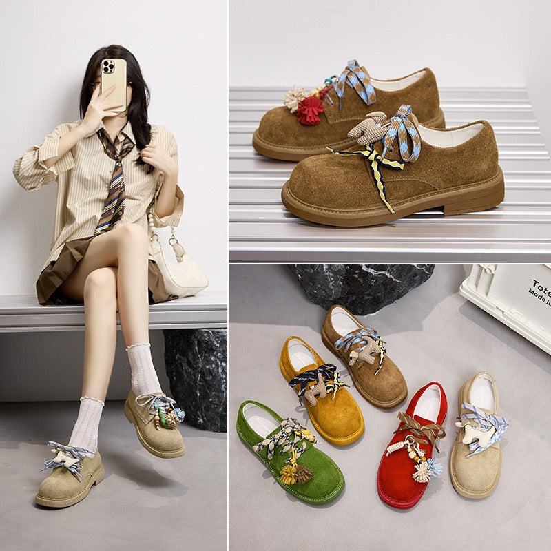 Women's First Layer Cowhide Platform Cartoon Pendant Small Pumps British Style Loafers
